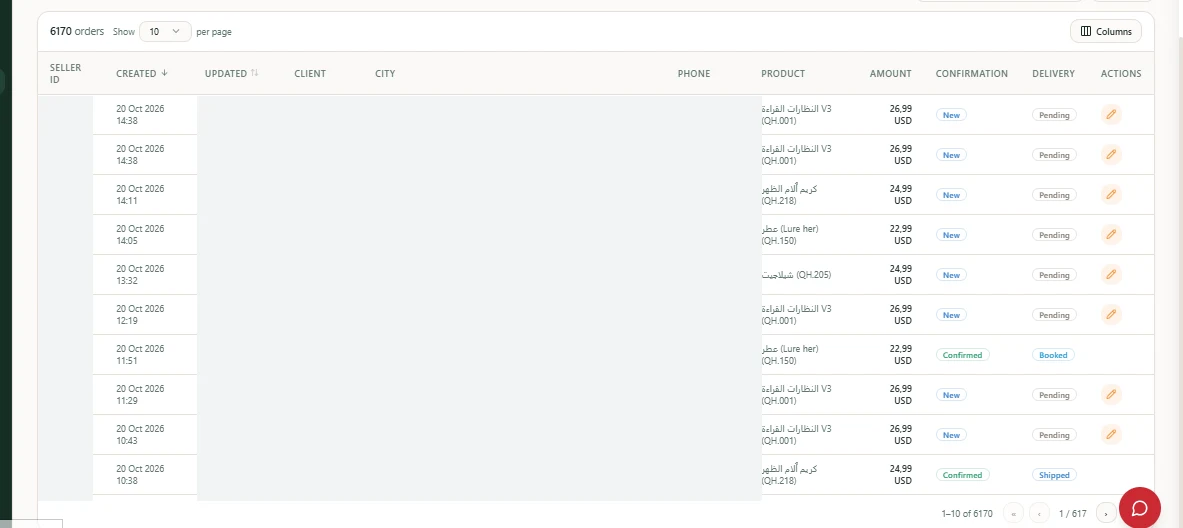 Liste de commandes COD Service avec données clients masquées